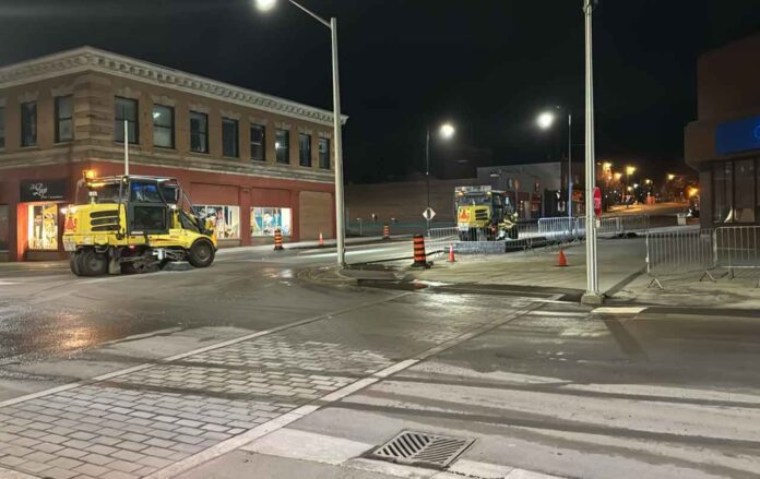 Street cleaning is ongoing across the city. At 5:00 am in the downtown Waterfront District the crews were hard at work