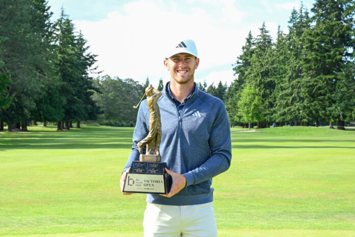 Denmark-native Frederik Kjettrup carded a final-round 2-under 68 at The Beachlands Victoria Open presented by Times Colonist to capture his first professional victory in his second career start