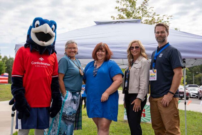 (left to right): Storm (College Mascot), Elder Melissa Roberts, Councillor Kristen Oliver (City of Thunder Bay), Michelle Salo (College President, Robin Gathercole (SUCCI President)