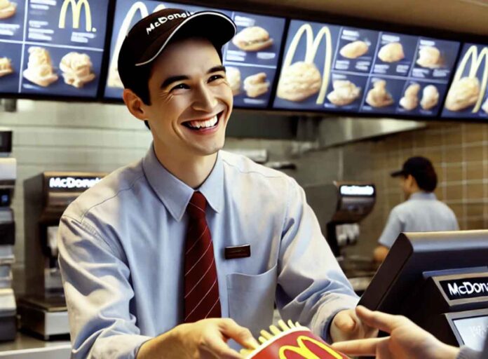 AI Image created of a person working at a McDonalds serving fries