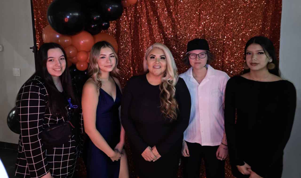 Chief Jennifer Constant was joined by some of the youth from Mattagami First Nation during the Women In Mining Sudbury Gala event on November 21. From L-R: Mahdabiin McKay, Ameria Wesley, Chief Constant, Tessa Thomas and Ava Naveau.