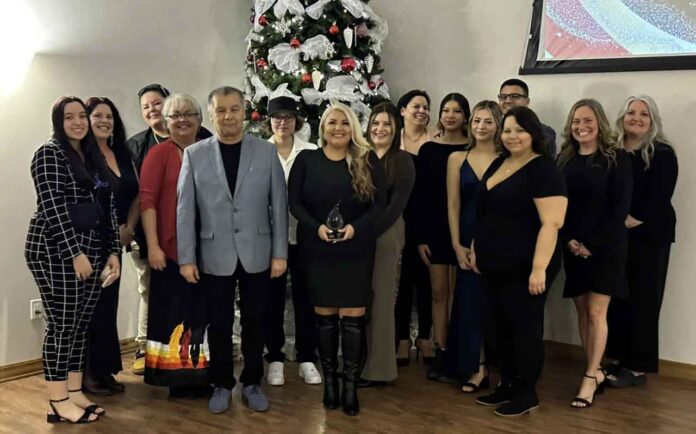 Chief Jennifer Constant, Mattagami First Nation, was honoured with the Indigenous Trailblazer Award at the inaugural Women In Mining Sudbury Gala on November 21, 2024. She is pictured here with Mattagami FN staff and community members who joined her at the event. From L-R are: Mahdabiin McKay, Nicole Charbonneau, Wabun Tribal Council; Sarah McKay, Councillor Cindy McKay, Ivan McKay, Tessa Thomas, Chief Constant, Chelsea DeBastos, Julie McKay, Ava Naveau, Ameria Wesley, Councillor Dereck McKay, Ashley Naveau, Amanda Belanger and Sonia Corbiere. 