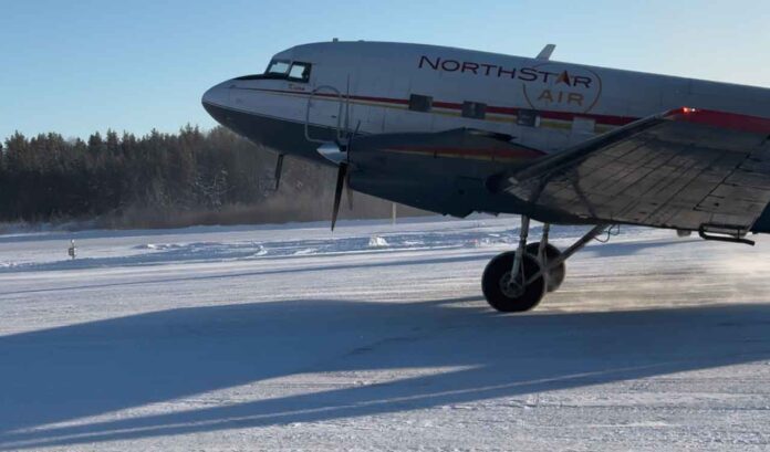 North Star Air BT-67 landing in North Caribou Lake (Dec 2=19 2024)