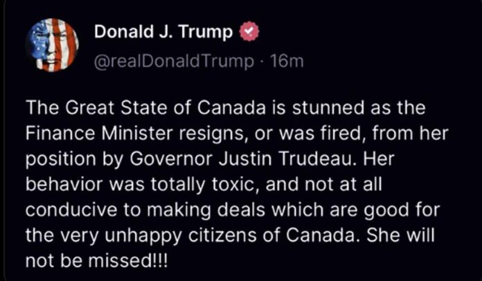 Trump social media on State of Canada and Governor Trudeau